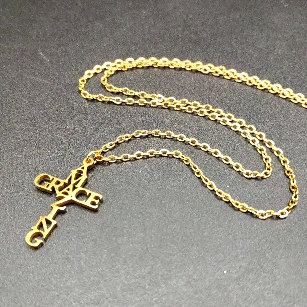 Gold Plated Necklace w/ Amazing Grace Cross Pendant Anniversary Valentine's Gift